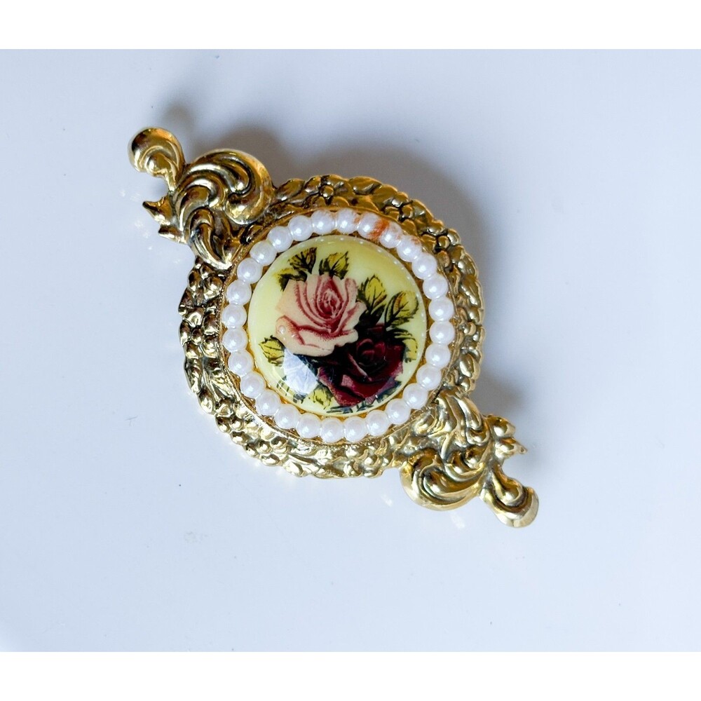 Vintage Rose Brooch Gold Tone Faux Pearl Floral Cabochon Victorian Revival Pin